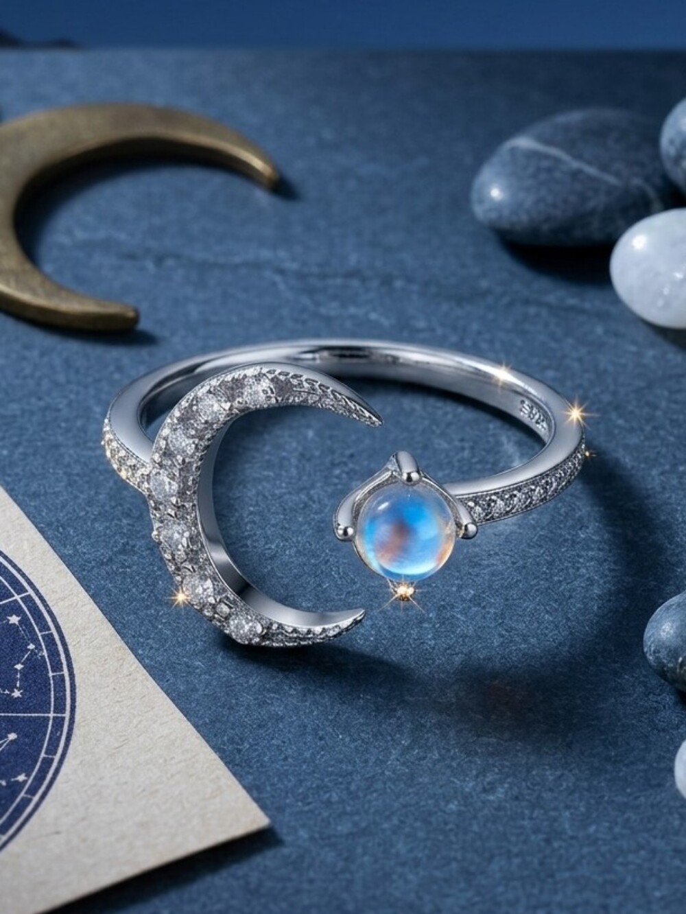 Sterling Silver Crescent Moon Open Ring Iridescent Round Crystal CZ Adjustable